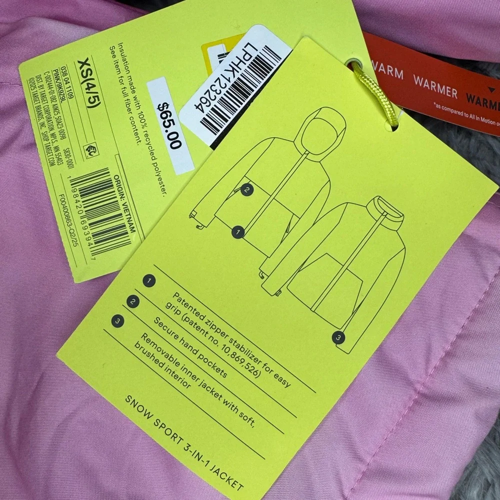 All In Motion Kids 3-in-1 Jacket - Pink Size Extra Small (4/5) NWT
